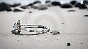 A silver bracelet with a starfish charm on a sandy beach. The bracelet has small silver beads and a silver starfish. The