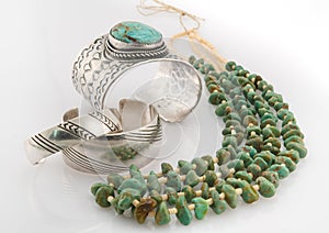 Silver bracelets with Green Nugget Turquoise necklace.