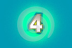 Silver brassy alphabet with yellow outline and green noisy backlight - number 4 isolated on blue, 3D illustration of symbols