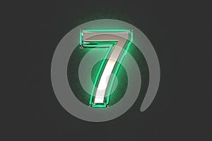 Silver brassy with emerald outline and green backlight alphabet - number 7 isolated on grey background, 3D illustration of symbols