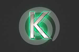 Silver brassy with emerald outline and green backlight font - letter K isolated on grey background, 3D illustration of symbols