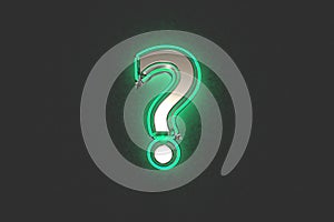 Silver brassy with emerald outline and green backlight font - question mark isolated on grey background, 3D illustration of