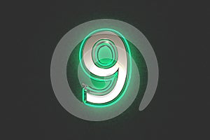 Silver brassy with emerald outline and green noisy backlight font - number 9 isolated on dark, 3D illustration of symbols