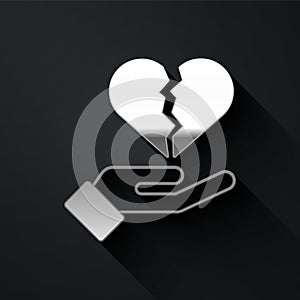 Silver Broken heart or divorce icon isolated on black background. Love symbol. Valentines day. Long shadow style. Vector