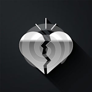 Silver Broken heart or divorce icon isolated on black background. Love symbol. Valentines day. Long shadow style. Vector