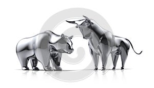 Silver bull and bear on a white background
