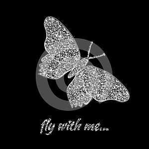 Silver butterfly. Vector illustration. Luxury background design with light, vibrant, glow