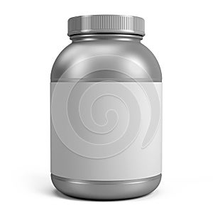 Silver Can of protein or gainer powder with blank label photo