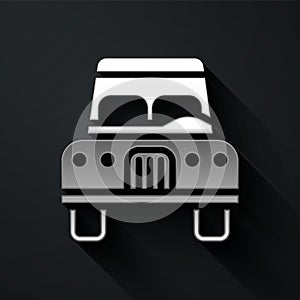 Silver Car icon isolated on black background. Front view. Long shadow style. Vector