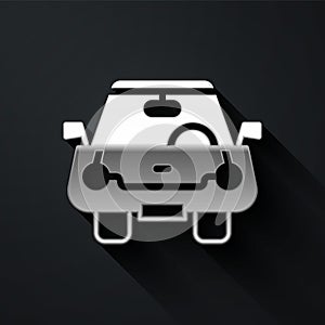 Silver Car icon isolated on black background. Front view. Long shadow style. Vector