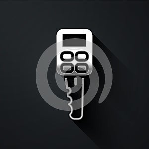 Silver Car key with remote icon isolated on black background. Car key and alarm system. Long shadow style. Vector Illustration