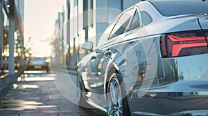 A silver car sedan commercial, Luxury sedan car on the modern street