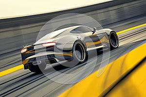 Silver car speeding on a race track with yellow lines