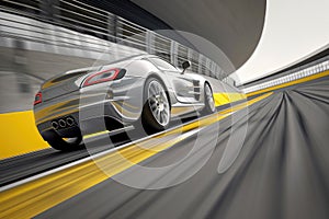 Silver car speeding on a race track with yellow lines. Back view photo