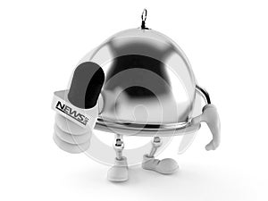 Silver catering dome character holding interview microphone