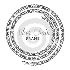 Silver chain round spiral border frame. Wreath circle shape. Jewelry design, text frame.