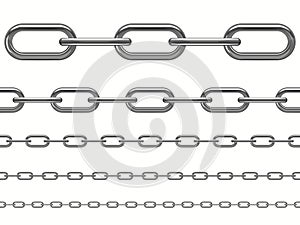 Silver chain set. Seamless realistic sleel jewelry links. Luxury Thin metallic chains. Vector