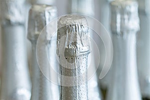 Silver champagne bottle necks and top caps at standing the light background in liquor store.