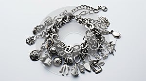 Silver charm bracelet with various pendants including hearts, stars, and beads on a neutral background