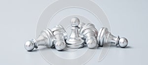 Silver Chess pawn figure stand out from crowd of enermy or opponent. Strategy, Success, management, business planning, disruption