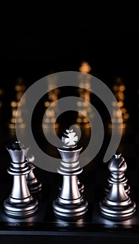 Silver chess pieces in focused light