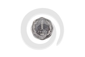 A silver Chilean one peso coin isolated on a white background
