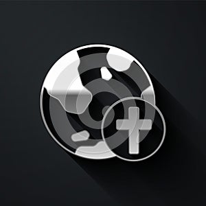 Silver Christian cross with globe Earth icon isolated on black background. World religion day. Long shadow style. Vector