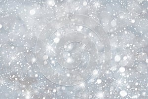 Silver Christmas Background With Snwoflakes, Bokeh And Stars, Blue Color