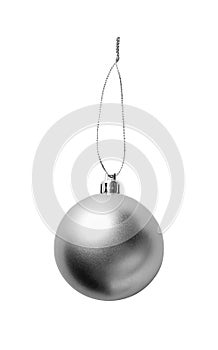 Silver christmas ball hanging isolated on white background