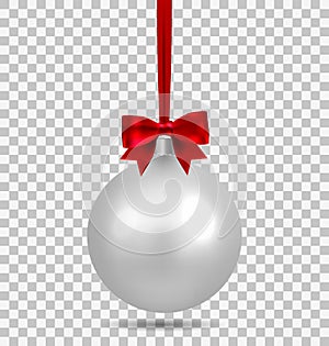 Silver Christmas ball with ribbon and a bow and snowflake isolated on transparent background. Template of matt realistic