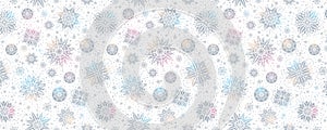 Silver Christmas banner with a pattern of snowflakes and stars on a white background. Merry Christmas and Happy New Year greeting