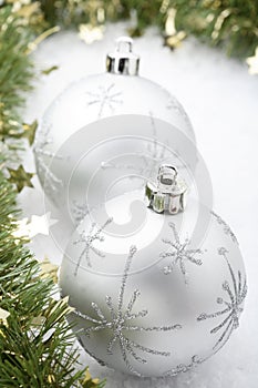 Silver Christmas baubles.