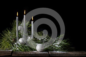 Silver Christmas Candles with Evergreen and Snow