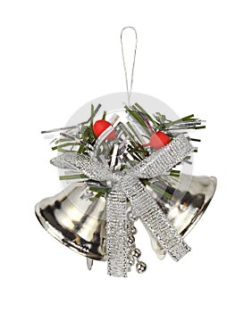 Silver Christmas decoration with bell and ribbon bow isolated