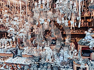 Silver Christmas decorations and baubles at Christmas market