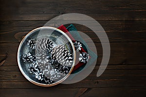 Silver Christmas New Year cones on a plate with napkins