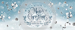 Silver Christmas and New Year Text on blue Xmas background with flying gift boxex, silver ribbon, decoration, sparkles, confetti,