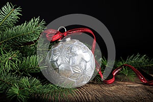 Silver Christmas Ornament with Red Ribbon