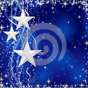 Silver Christmas stars on blue background