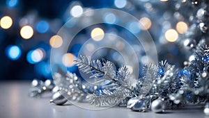 silver christmas tree branches on blurred blue holiday background with lights.