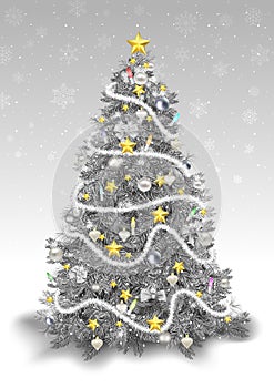 Silver Christmas Tree with Christmas Ornaments and Golden Stars