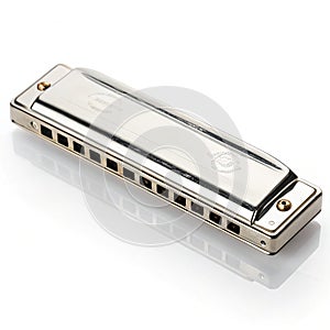 Silver chromatic harmonica isolated on white background