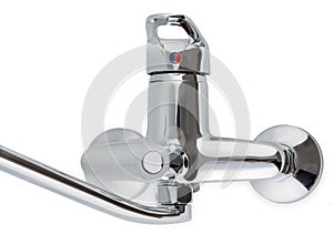 Silver, chrome or nickel bathroom faucet, water tap isolated on a white background, close up