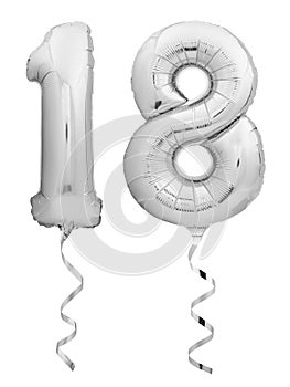Silver chrome number 18 eighteen made of inflatable balloon with ribbon isolated on white