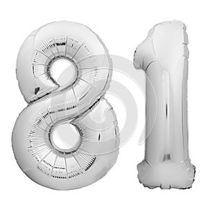 Silver chrome number 81 eighty one made of inflatable balloon on white