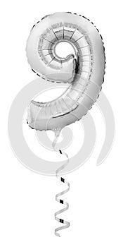 Silver chrome number 9 nine made of inflatable helium balloon with a ribbon isolated on white background