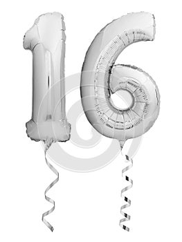 Silver chrome number 16 sixteen made of inflatable balloon with ribbon isolated on white