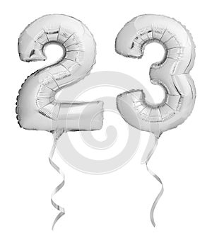 Silver chrome number 23 twenty three made of inflatable balloon with ribbon isolated on white