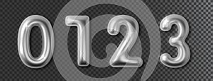 Silver chrome numbers set 3d realistic. Metal glossy font number 1,2,3,0. Decoration for banner, cover, birthday or