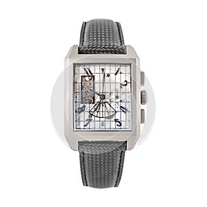 Silver chronograph watch with white dial and black carbon strap